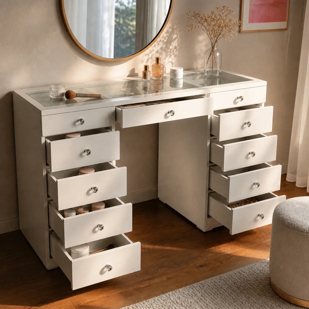 Coiffeuse Classic - plateau verre, blanche