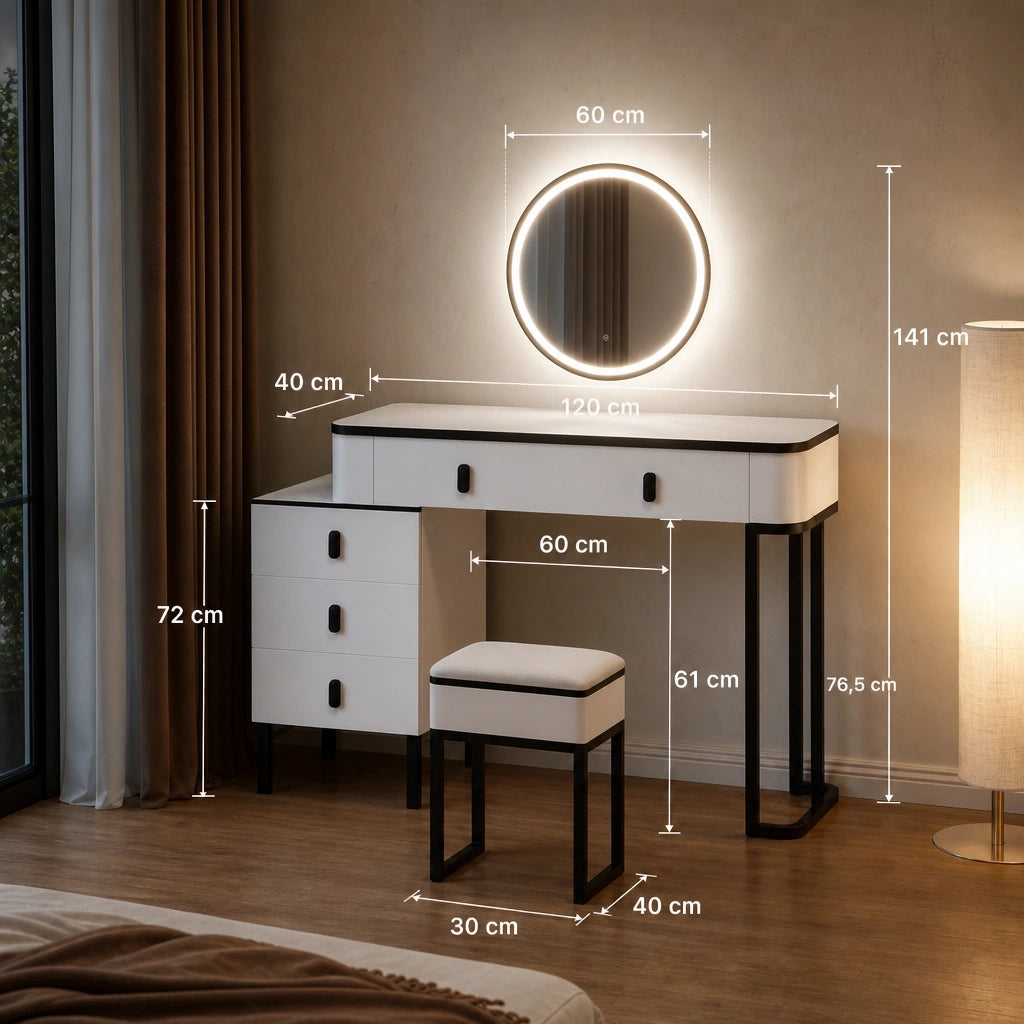 Coiffeuse LYRA - miroir LED, blanc et noir