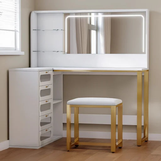 Coiffeuse NÉVA avec pieds dorés et tabouret inclus