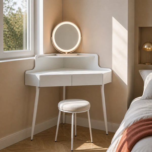 Coiffeuse d'angle ORIA - miroir LED rond