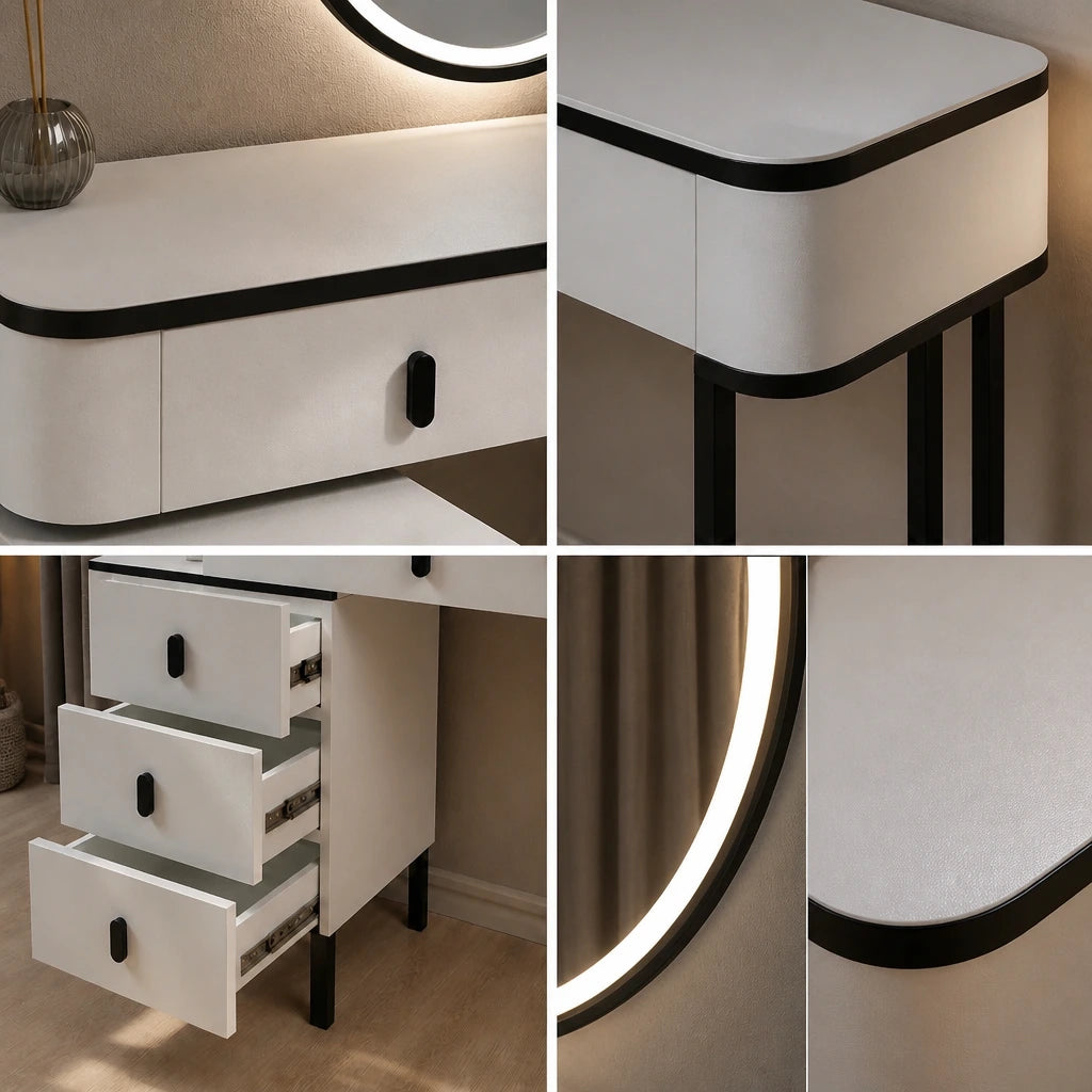 Coiffeuse LYRA - miroir LED, blanc et noir